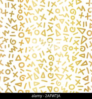 Geometric gold foil seamless vector pattern. Hand drawn golden doodle shapes circle triangle scribble repeating background. Golden metallic elegant Stock Vector