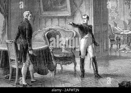 Emperor Napoleon Bonaparte 1769-1821) meets with Klemens von Metternich (1773-1859). Last challenge of emperor. 1813. Antique illustration. 1890. Stock Photo