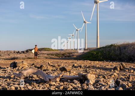 Male surfer walking to the ocean getting ready for extreme fun in Bonaire, Caribbean Stock Photo
