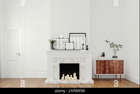 Modern interior design of very bright loft apartment, white mock-up wall, fireplace with painting frames above, wooden side console and wall and ceili Stock Photo