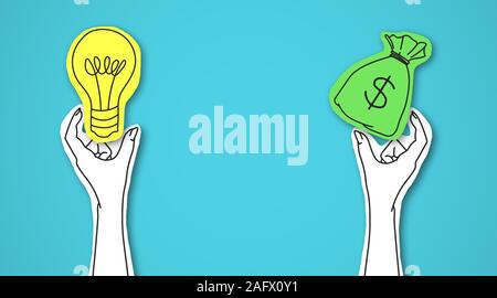 One hand holding green bag with money, other light bulb Stock Photo