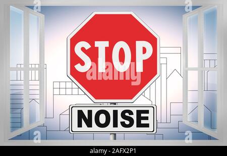 Stop Noise written on roadsign - concept with an open window against a cityscape. Stock Photo