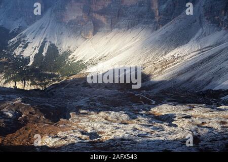Sunlight on mountain wall and screes. The Fanes group in the Dolomites. Italian Alps. Europe Stock Photo