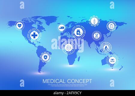 Abstract health care banner template with flat icons. Healthcare medicine concept. Medical innovation technology pharmacy banner. Vector illustration Stock Vector