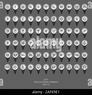 City geolocation icon pack for web site design, map, app, UI. Vector illustration EPS10. Stock Vector