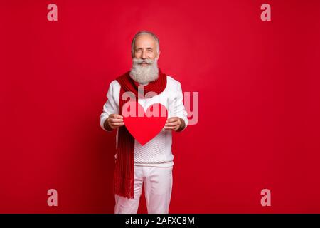 Portrait of his he nice attractive confident cheerful cheery gray-haired man holding in hands healthy heart health care medicine medicare isolated Stock Photo