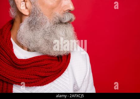 Cropped close-up profile side view portrait of his he nice attractive well-groomed content gray-haired man cut isolated over bright vivid shine red Stock Photo