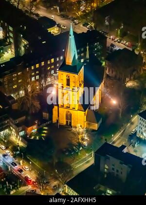 Aerial photo of night flight over Bochum, Propstkirche St. Peter und St. Paul, Catholic Church, Bochum Old Town, Bochum, Ruhrgebiet, Germany, Europe, Stock Photo