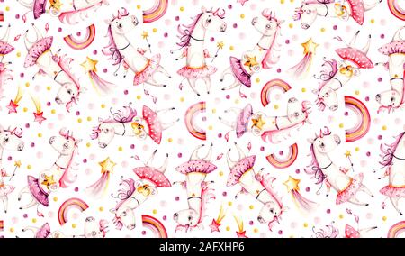 Nursery cute watercolor unicorn seamless pattern. Unicorns aquarelle background. Hand painted Princess unicorns adorable collection. Trendy pink carto Stock Photo