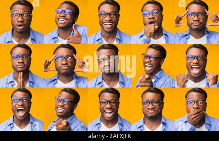 Set Of Black Man Expressions And Emotions Over Yellow Background Stock Photo