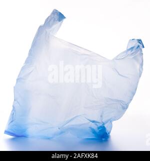 Empty blue polyethylene bag on white background Stock Photo