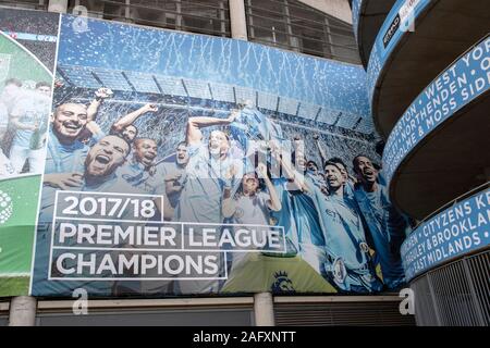 Billboard About The Champions Of Manchester City Football Club At Manchester England 2019 Stock Photo