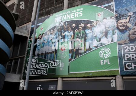 Billboard About The Champions Of Manchester City Football Club At Manchester England 2019 Stock Photo