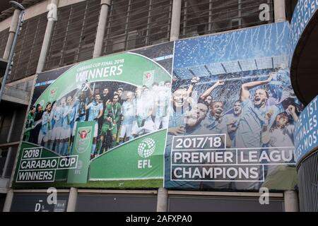 Billboard About The Champions Of Manchester City Football Club At Manchester England 2019 Stock Photo