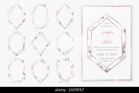 Rose gold polygonal crystal frames with trendy marble texture. Stock Vector