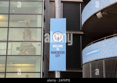 Billboard Welcome The Manchester City Football Club At Manchester England 2019Billboard Welcome The Manchester City Football Club At Manchester Englan Stock Photo