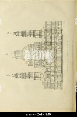 . Letters of an architect, from France, Italy, and Greece. , cost 4,184 crowns; it ispreserved in the present church, and is itself a building which may de-serve some description. The plan, as I have already said, is a Greekcross, with arms of considerable length, each terminating in a semi-circle. The angles of this simple form are occupied by four other Greekcrosses, so that the construction appears to depend on sixteen masses.Four of these, each of which is a square with one angle cut away, sup-port the dome. It is said that in Bramante s design these were tohave been hollow; but the model Stock Photo