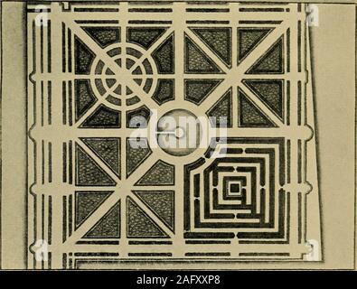 . Mazes and labyrinths; a general account of their history and developments. Fig. 107. Maze at Gunterstein, Holland. (N. Visscher, 1719). Fig. 108. Gunterstein. Plan of Gardens, showing Maze. (N. Visscher. 1719) Stock Photo