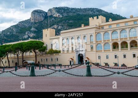 Monaco 5 DEC 2019 Monaco prince palace in front of the mountains background during cloudy day Stock Photo