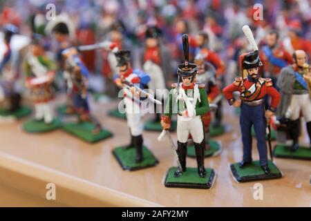 St.Petersburg, Russia - February 18, 2018: Assortment of tin soldiers, Russian souvenirs in a shop Stock Photo