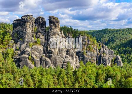 Bastei Rocks in Swiss Saxony, beautiful landscape scenery around the ruins of Neurathen Castle, Elbe Sandstone Mountains in Saxon Switzerland, Germany Stock Photo