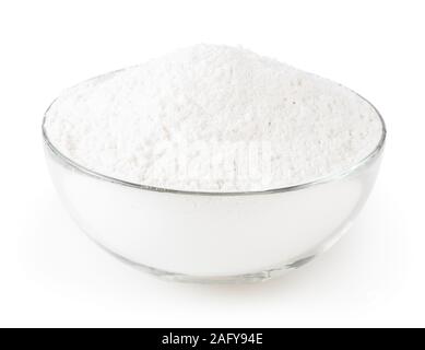 Wheat flour in glass bowl isolated on white background with clipping path Stock Photo