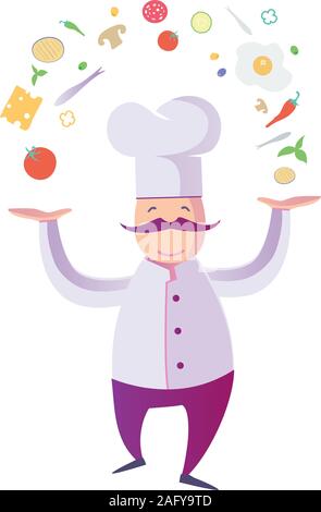 flat Illustration of a Funny Italian Chef with food icon elements Stock Vector