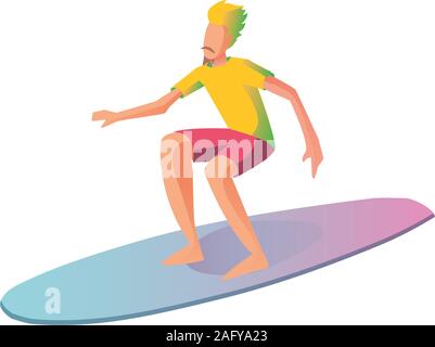 Surfer on the surf boards catching waves in the sea, isolated on white background.illustration flat Stock Vector