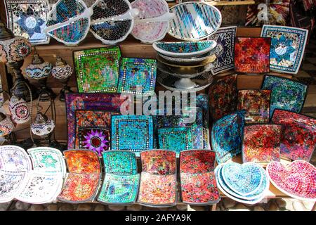 Colorful mosaic decorative plates in the old town of Mostar in arabic style on bazaar in Mostar, Bosnia and Herzegovina