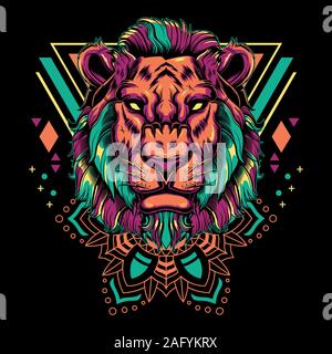 Cool Lion Vector Mandala Geometry Illustration in Black Background for T-Shirt Graphics, Hoodies, Tank Tops, Mugs, Phone Cases, Stickers, Posters etc Stock Photo