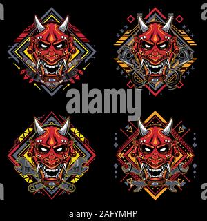 Download Set Japanese Demon Mask With Tribal Sacred Geometry T Shirt Design Stock Photo Alamy