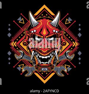 Japanese demon mask with tribal sacred geometry for T-Shirt Graphics, Hoodies, Tank Tops, Mugs, Phone Cases, Stickers, Posters etc Stock Vector