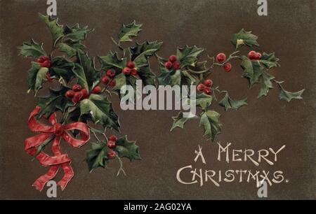 Vintage Christmas Postcard Greeting card, holly, poinsettia Stock Photo