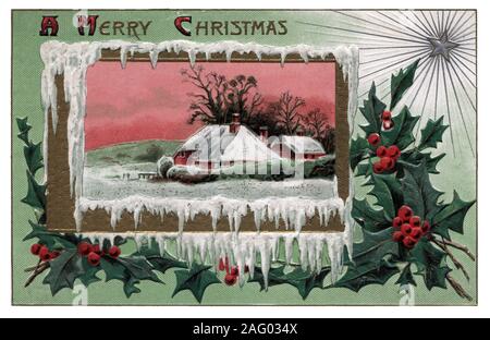 Vintage Christmas Postcard Greeting card, holly, poinsettia cottage in snow Winter scenic, icicles Stock Photo