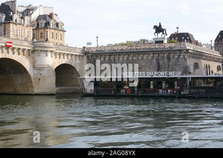 PARIS, FRANCE - SEPTEMBER 16, 2019: Vedettes du Pont Neuf sightseeing Seine cruise boat station at the New Bridge in Paris on September 16, 2019. Eque Stock Photo