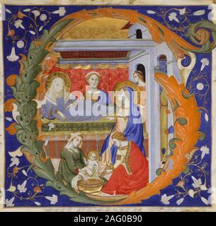 Manuscript Illumination with the Birth of the Virgin in an Initial G, from a Gradual, ca. 1375. Stock Photo