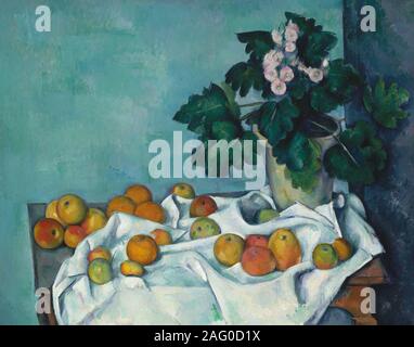 Still Life with Apples and a Pot of Primroses, ca. 1890. Stock Photo