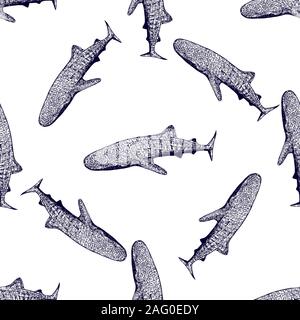 Seamless pattern of hand drawn sketch style abstract ethnic sharks isolated on white background. Vector illustration. Stock Vector