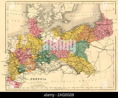 Map of Prussia, c1872. Showing the various regions including Holstein, Hanover, Westphalia, Lower Rhine, Lorraine, Nassau, Cassel, Saxony, Brandedburg, Silesia, Pomerania, West Prussia, East Prussia and Posen. From &quot;The Franco-Prussian War: its causes, incidents and consequences&quot;, Volume I, by Captain H M Hozier. [William Mackenzie, London, 1872] Stock Photo