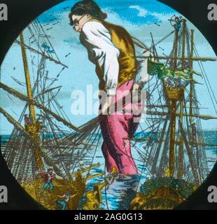 Gulliver captures the Blefuscudians' ships, lantern slide, late 19th century. 'They had seen me cut the cables, and thought my design was only to let the ships run adrift or fall foul on each other: but when they perceived the whole fleet moving in order, and saw me pulling at the end, they set up such a scream of grief and despair as it is almost impossible to describe or conceive'. A scene from &quot;Gulliver's Travels&quot; by Jonathan Swift, first published in 1726. One of a series of 12 'Superior Lithographic Coloured Lantern Slides...with Lecture complete', made in England c1870-1900. Stock Photo