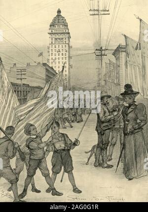 Street scene in San Francisco, USA, 1898. Boys in knickerbockers wave US flags - one holds a rifle and another a sword. The Call Building in the background belonged to 'The San Francisco Call' newspaper and had just been completed. It was badly damaged in the earthquake and subsequent fire of 1906. Soldiers stand on the right. 'Strasse in San Francisko'. From &quot;Rund um die Erde&quot; [Round the Earth], written and illustrated by C. W. Allers. [Union Deutsche Verlagsgesellschaft, Stuttgart, 1898] Stock Photo