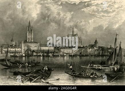 'Cologne', c1872. Boats on the River Rhine at Cologne in northern Germany, with Great St Martin Church and Cologne Cathedral on the far bank. From &quot;The Franco-Prussian War: its causes, incidents and consequences&quot;, Volume II, by Captain H M Hozier. [William Mackenzie, London, 1872] Stock Photo