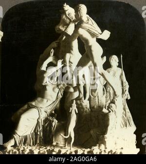 'The Farnese Bull, National Museum, Naples, Italy', c1909. The Farnese Bull is a copy of a Hellenistic sculpture at the National Archaeological Museum in Naples and represents the myth of Dirce first wife of Lykos, King of Thebes tied to a wild bull by Amphion and Zethus, the sons of Antiope, to punish her for ill-treatment inflicted on their mother. To be viewed on a Sun Sculpture stereoscope made by Underwood &amp; Underwood. [The Rose Stereograph Company, Melbourne, Sydney, Wellington &amp; London, c1909]