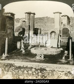 'Inner court, house of Marcus Lucretius, Pompeii, Italy', c1909. The ancient Roman city of Pompeii was buried under two metres of volcanic ash in the eruption of Mount Vesuvius in AD 79. The House of Marcus Lucretius was first excavated in 1846-47.  To be viewed on a Sun Sculpture stereoscope made by Underwood &amp; Underwood. [The Rose Stereograph Company, Melbourne, Sydney, Wellington &amp; London, c1909] Stock Photo