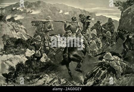 'A Picket of 13th Hussars Surprised Near the Tugela River (Hussar Hill)', 1900. The Battle of Tugela (or Thukela) Heights, was a series of military actions lasting from  14 to 27 February 1900 in which General Sir Redvers Buller's British army forced Louis Botha's Boer army to lift the Siege of Ladysmith during the Second Boer War.  From &quot;South Africa and the Transvaal War, Vol. III&quot;, by Louis Creswicke. [T. C. &amp; E. C. Jack, Edinburgh, 1900] Stock Photo