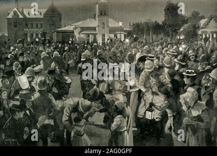 'The British Occupation of Bloemfontein - An Evening Concert in Market Square by the Pipers of the Highland Brigade', 1900.  British forces entered the Orange Free State and occupied the capital Bloemfontein on 13 March 1900. The Orange River Colony was created after this occupation. From &quot;South Africa and the Transvaal War, Vol. IV&quot;, by Louis Creswicke. [T. C. &amp; E. C. Jack, Edinburgh, 1900] Stock Photo