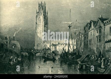 'Boston, Lincolnshire', 1838, (1943). View of St Botolph's Church and ships on the River Witham in the town of Boston. After an engaving by JMW Turner. From &quot;English Cities and Small Towns&quot;, by John Betjeman. [Collins, London, 1943] Stock Photo
