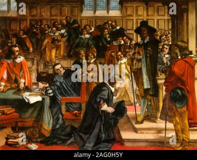 'Charles I and Speaker Lenthall', c1850, (1947). On 4 January 1642, King Charles I (1600-1649, standing, in hat) entered the House of Commons to arrest five Members of Parliament for high treason. Speaker William Lenthall (1591-1662) defied the King to uphold the privileges of Parliament. The King had to leave without arresting the Five Members. No monarch has entered the House of Commons since then. After 'Speaker Lenthall Asserting the Privileges of the Commons Against Charles I when the Attempt was made to Seize the Five Members', painting by Charles West Cope in the Palace of Westminster i Stock Photo