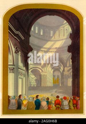 'A Service in St. Paul's Cathedral', c1850, (1947). Victorian congregation in St Paul's in London, interior view of the nave, looking east through the crossing under the dome. Baxter print in the Guildhall Art Gallery, London. From &quot;English Hymns and Hymn Writers&quot;, by Adam Fox. [Collins, London, 1947]
