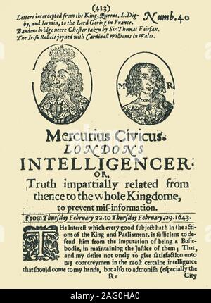 Front page of &quot;Mercurius Civicus: London's Intelligencer&quot;, February 1643, (1945). Portraits of King Charles I and Queen Henrietta Maria, with news of the Civil War: 'Letters intercepted from the King, Queene, L. Digby [George Digby], and Iermin [Henry Jermyn], to the Lord Goring in France. &quot;Bandon-bridge neere Chester taken by Sir Thomas Fairfax. The Irish Rebels joyned with Cardinall Williams in Wales&quot;...The interest which every good subject hath in the actions of the King and Parliament, is sufficient to defend him from the imputation of being a Busie-bodie, in maintainin Stock Photo